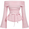 image:imageMakeMeChic Womens Off The Shoulder T Shirt Bow Ruched Bell Sleeve Ruffle Y2k TopsPink
