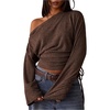 image:imageMakeMeChic Womens Off The Shoulder Tops Drawstring Ruched Long Sleeve Y2k T ShirtsBrown