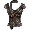 image:imageMakeMeChic Womens Plaid Sweetheart Tops Mesh Bow Cap Sleeve Y2k T Shirts with ScarfBrown