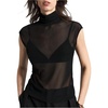 image:imageMakeMeChic Womens Sheer Mesh Turtleneck Tops Mock Neck Cap Sleeve Night Out T Shirt TankBlack
