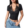 image:imageMakeMeChic Womens Short Sleeve Shirts Halter Neck Lace Top Deep V Neck 2 in 1 Y2k T ShirtBlack