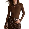image:imageMakeMeChic Womens Sparkly T Shirt Twist Front Cut Out Long Sleeve Work Business TopsMocha Brown
