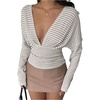 image:imageMakeMeChic Womens Striped Deep V Neck Sweater Cinched Waist Long Sleeve Knit Pullover Crop TopsApricot