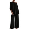 image:imageMakeMeChic Womens Summer 2 Piece Set Beach Vacation Outfits Off The Shoulder Poncho Top Wide Leg Pants SetsBlack