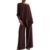 image:imageMakeMeChic Womens Summer 2 Piece Set Beach Vacation Outfits Off The Shoulder Poncho Top Wide Leg Pants SetsBrown