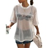 image:imageMakeMeChic Womens Summer Lace Tops Crew Neck T Shirts Short Sleeve Oversized Casual TopsWhite