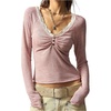 image:imageMakeMeChic Womens V Neck T Shirts Lace Ruched Button Long Sleeve Fitted Going Out TopsPink