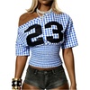 image:imageMakeMeChic Womens Y2k Plaid One Shoulder Tops Number Print Cinched Waist Smocked TopBlue