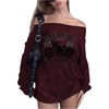 image:imageWomens Printed Off Casual Shoulder Long Sleeve Loose Casual T ShirtBurgundy