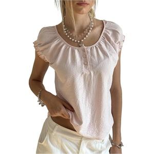 image:imageMAKEMECHIC Womens Cap Sleeve Tee Shirt Tie Back Crew Neck Ruffle Frill Trim Summer Cute TopsLight Pink