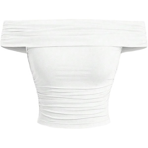 image:imageMAKEMECHIC Womens Off The Shoulder Crop Tops Y2k Ruched Short Sleeve Fitted T ShirtsWhite