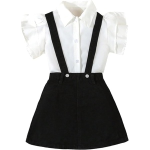 image:imageMakeMeChic Toddler Baby Girls 2 Piece Cute Outfits Cap Sleeve Collared Button Down Shirt and Denim Overall Skirt SetsBlack