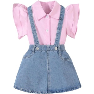 image:imageMakeMeChic Toddler Baby Girls 2 Piece Cute Outfits Cap Sleeve Collared Button Down Shirt and Denim Overall Skirt SetsBlue and Pink