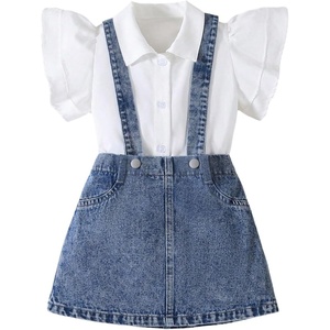 image:imageMakeMeChic Toddler Baby Girls 2 Piece Cute Outfits Cap Sleeve Collared Button Down Shirt and Denim Overall Skirt SetsDark Blue