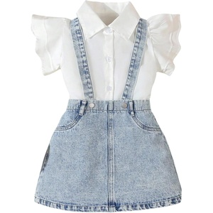 image:imageMakeMeChic Toddler Baby Girls 2 Piece Cute Outfits Cap Sleeve Collared Button Down Shirt and Denim Overall Skirt SetsLight Blue
