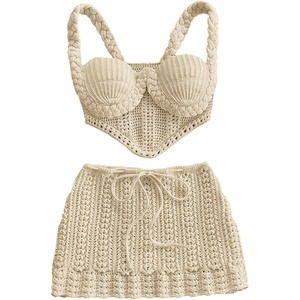 image:imageMakeMeChic Womens 2 Piece Sets Crochet Crop Tank Tops Mini Skirt Set Summer Beach Vacation OutiftsApricot