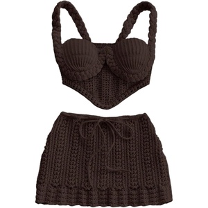 image:imageMakeMeChic Womens 2 Piece Sets Crochet Crop Tank Tops Mini Skirt Set Summer Beach Vacation OutiftsCoffee Brown