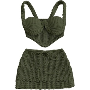 image:imageMakeMeChic Womens 2 Piece Sets Crochet Crop Tank Tops Mini Skirt Set Summer Beach Vacation OutiftsOlive Green