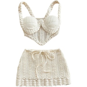 image:imageMakeMeChic Womens 2 Piece Sets Crochet Crop Tank Tops Mini Skirt Set Summer Beach Vacation OutiftsWhite