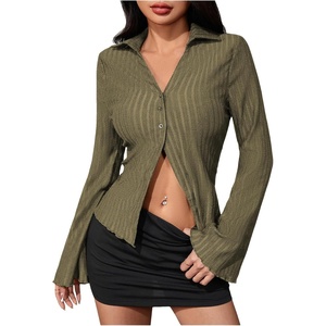 image:imageMakeMeChic Womens Button Down Bell Sleeve Tops Collared Blouse Office Work Shirts Business Casual OutfitsArmy Green