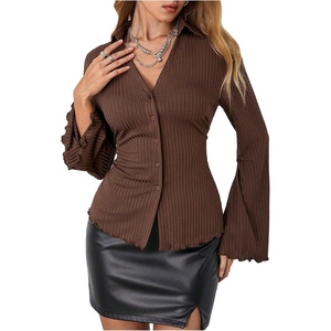 image:imageMakeMeChic Womens Button Down Bell Sleeve Tops Collared Blouse Office Work Shirts Business Casual OutfitsCoffee Brown