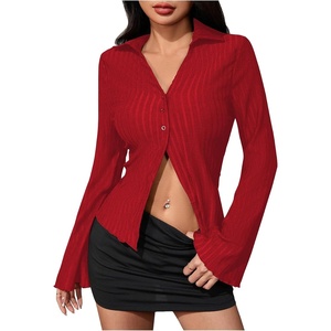 image:imageMakeMeChic Womens Button Down Bell Sleeve Tops Collared Blouse Office Work Shirts Business Casual OutfitsRed