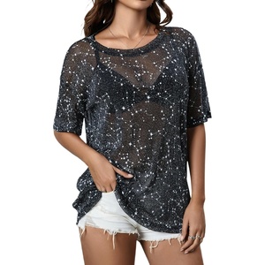 image:imageMakeMeChic Womens Concert Outfits Sequin Tops Summer Mesh Sheer Short Sleeve See Through Black T Shirts BlouseBlack Galaxy
