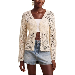 image:imageMakeMeChic Womens Crochet Cardigan Sweater Hollow Out Boho Tops Button Down Long Sleeve CardiganBeige