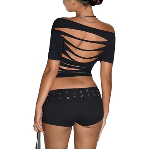 image:imageMakeMeChic Womens Cut Out Backless Tee Shirt Short Sleeve Sexy Going Out Crop TopsBlack