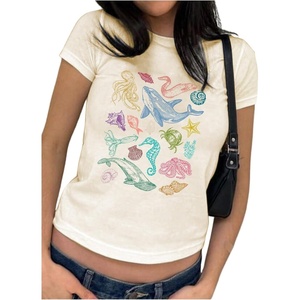 image:imageMakeMeChic Womens Cute T Shirt Cartoon Print Crewneck Short Sleeve Summer Crop Tee TopsApricot