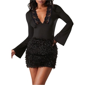 image:imageMakeMeChic Womens Deep V Neck Lace Tops T Shirt Bell Sleeve Rave Party Going Out Tops Black Large