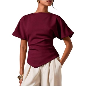 image:imageMakeMeChic Womens Dolman Sleeve T Shirts Cinched Waist Crew Neck Dressy Business Tee TopsBurgundy