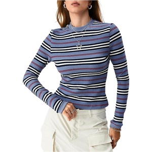 image:imageMakeMeChic Womens Fall Striped Vintage Tee Shirt Long Sleeve Mock Neck Fitted TopsPurple