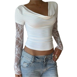 image:imageMakeMeChic Womens Floral Lace Tee Shirt Long Sleeve Cowl Neck Ruched Fall Elegant Crop TopsWhite