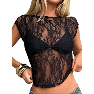 image:imageMakeMeChic Womens Floral Lace Tee Shirts Mesh Sheer Cap Sleeve Y2K Crop Concert Tops Summer OutfitBlack