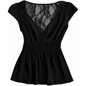 image:imageMakeMeChic Womens Floral Lace V Neck T Shirt Cap Sleeve Shirred Y2K Gothic Fitted Tee TopsBlack