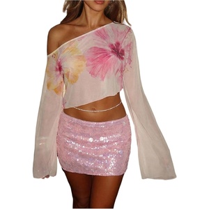 image:imageMakeMeChic Womens Floral Swimsuit Coverup Off The Shoulder Bell Sleeve Crop Tops Cover UpPink