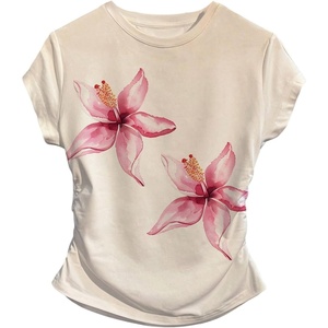 image:imageMakeMeChic Womens Floral T Shirt Crewneck Crop Ruched Cap Sleeve Summer Treedy TopsMulticolor