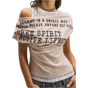 image:imageMakeMeChic Womens Lace T Shirt Y2k Off The Shoulder Letter Print Ruched Short Sleeve Casual TopsApricot