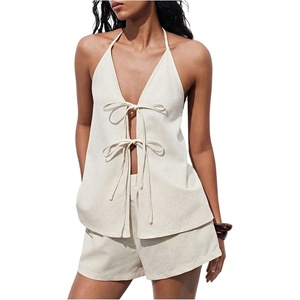 image:imageMakeMeChic Womens Linen Two Piece Set Summer Tie Front Halter Tops Linen Shorts Sets Beach Vacation OutfitsKhaki