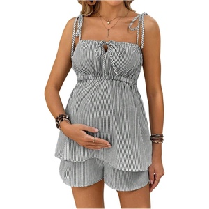 image:imageMakeMeChic Womens Maternity Summer Cute 2 Piece Striped Outfits Shirred Babydoll Shirt and Shorts Pregnancy SetsBlack and White