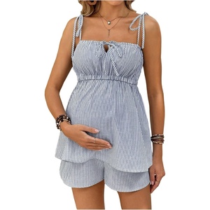 image:imageMakeMeChic Womens Maternity Summer Cute 2 Piece Striped Outfits Shirred Babydoll Shirt and Shorts Pregnancy SetsDark Blue