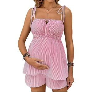 image:imageMakeMeChic Womens Maternity Summer Cute 2 Piece Striped Outfits Shirred Babydoll Shirt and Shorts Pregnancy SetsPink