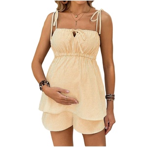 image:imageMakeMeChic Womens Maternity Summer Cute 2 Piece Striped Outfits Shirred Babydoll Shirt and Shorts Pregnancy SetsYellow