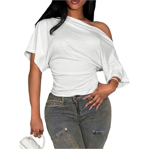 image:imageMakeMeChic Womens Off The Shoulder Cinched Waist Crop Top Asymmetrical Y2k Dolman Sleeve Summer TopsWhite