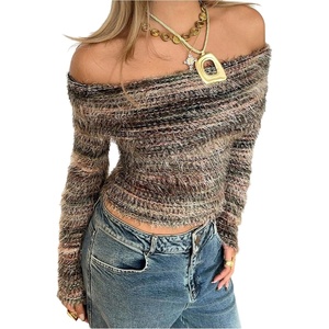 image:imageMakeMeChic Womens Off The Shoulder Striped Tee Shirt Fuzzy Long Sleeve Y2K Going Out Crop TopsMulticolor