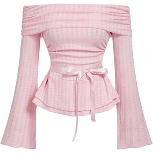 image:imageMakeMeChic Womens Off The Shoulder T Shirt Bow Ruched Bell Sleeve Ruffle Y2k TopsPink