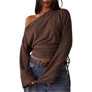 image:imageMakeMeChic Womens Off The Shoulder Tops Drawstring Ruched Long Sleeve Y2k T ShirtsBrown