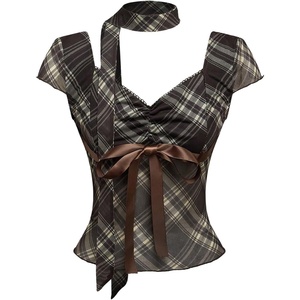 image:imageMakeMeChic Womens Plaid Sweetheart Tops Mesh Bow Cap Sleeve Y2k T Shirts with ScarfBrown