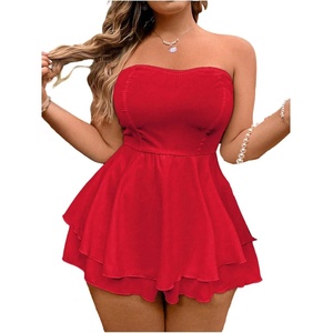 image:imageMakeMeChic Womens Plus Size Floral Layered Rompers Jumpsuits Strapless Tube Top Vacation Going Out OutfitsRed